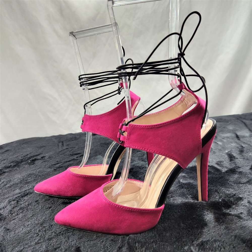 Red Cherry Fuchsia With Black Elastic Wrap Sandals With 4 1/2" Stiletto Heels - Picture 4 of 8